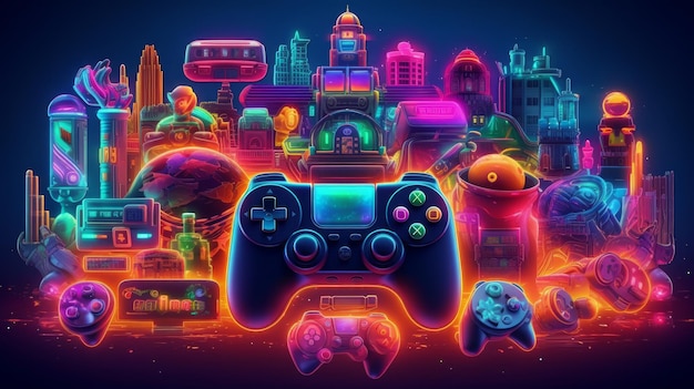 Neon Background with Neon Retro Gaming Elements AI generated