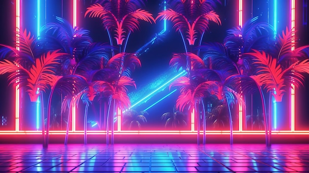 A neon background with palm trees and a blue and pink neon light