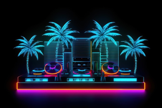 A neon background with palm trees and a dj's equipment