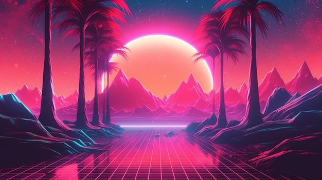 A neon background with palm trees and a neon sign that says'80s