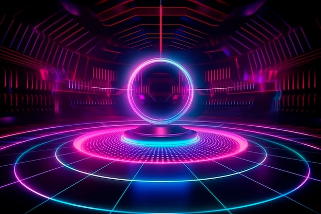 A neon background with a round ball in the middle and a purple circle in the middle.