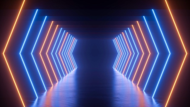 Neon background with tunnel arrows 3D rendering