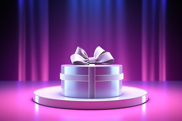 Neon background with white podium ribbon and gift