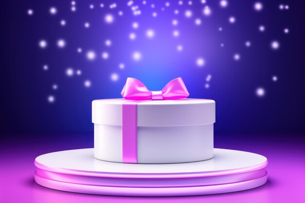 Neon background with white podium ribbon and gift