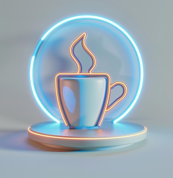 Neon backlit coffee mug with rising steam in a dark atmosphere