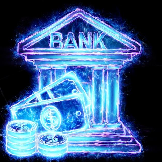 Neon bank building with banknotes and coins on a black backgroundThe concept of storing money in a bank the bank issues loans loans