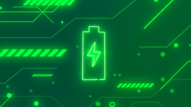 Neon batterij opladen in een technologische achtergrond van printplaat Hernieuwbare en duurzame energie