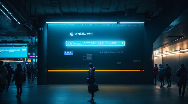 Neon billboard signage in underground metro cyberpunk city