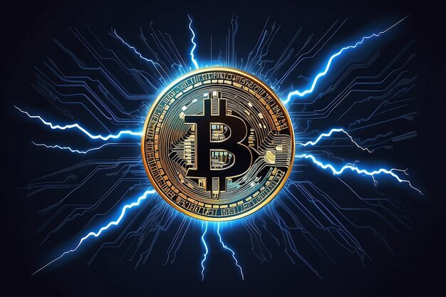 Neon bitcoin on a dark blue background Abstract vector image Flash of electric lightning against the background of computer microchips