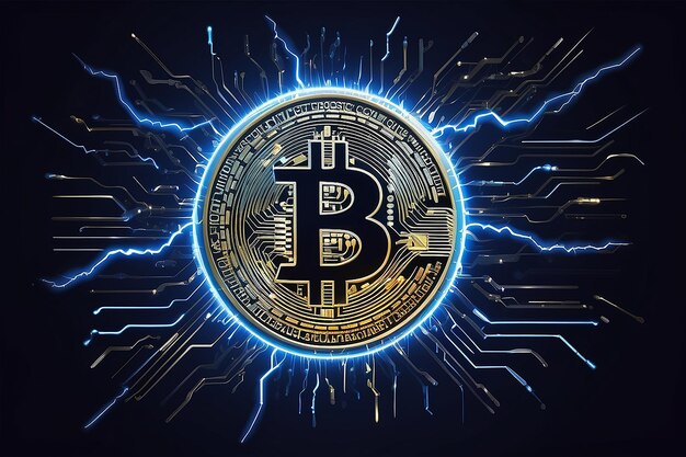 Neon bitcoin on a dark blue background Abstract vector image Flash of electric lightning against the background of computer microchips