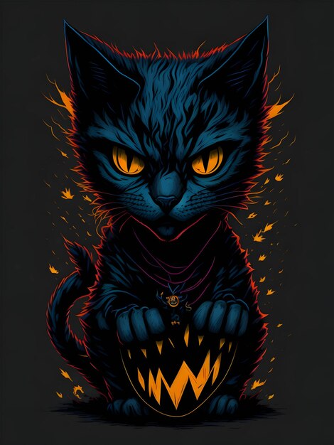 Neon black cat on black background for Halloween illustration