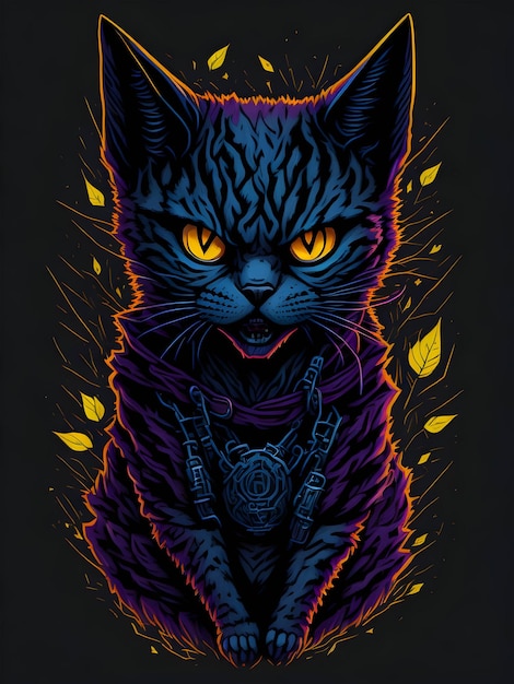 Neon black cat on black background for Halloween illustration