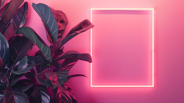 neon blank frame with a blank canvas surrounded by tropical leaves in neon light empty mockup