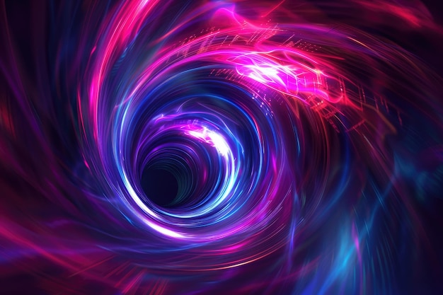Neon blauw en paars rood licht draait in het midden van abstracte vormen zwart gat