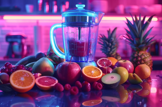 Neon blender on a kitchen backdrop