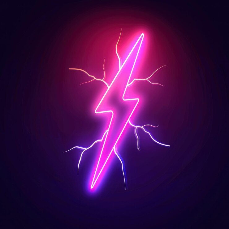 Foto neon bliksem op een donkere paarse achtergrond met levendige roze tinten die energie en dynamiek uitstralen in een moderne digitale kunststijl