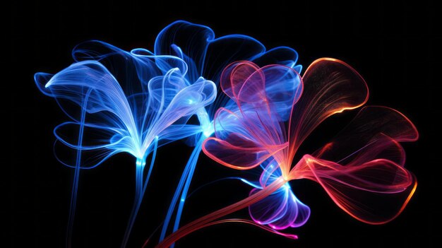 Foto neon bloemen licht tekening artistieke dramatische flair lijnen op zwarte achtergrond