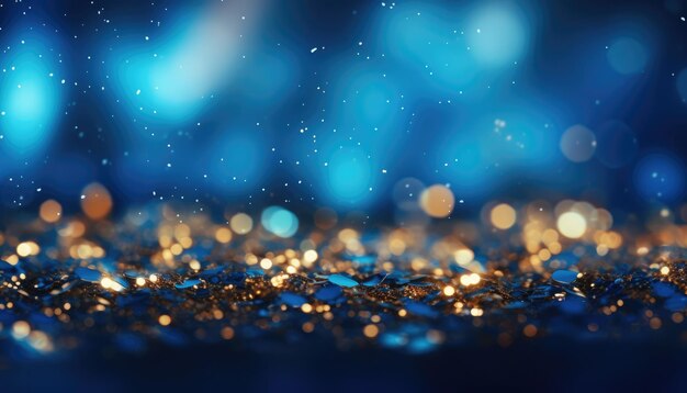 Neon Blue Abstract Gold Sparkles Bokeh Background