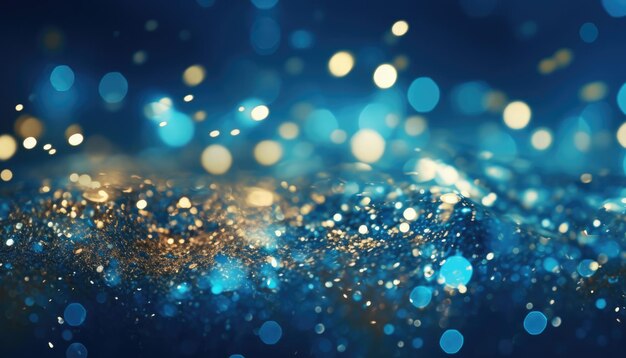 Neon Blue Abstract Gold Sparkles Bokeh Background