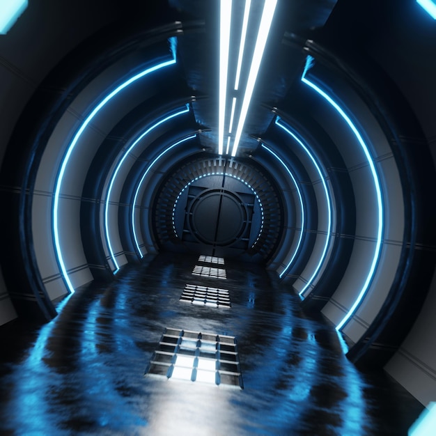 Photo the neon blue airlock tunnel glows around the corridor on the reflective concrete floor