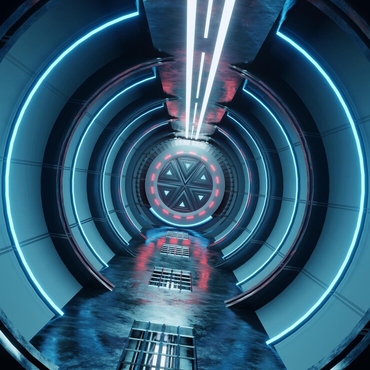 Photo the neon blue airlock tunnel glows around the corridor on the reflective concrete floor
