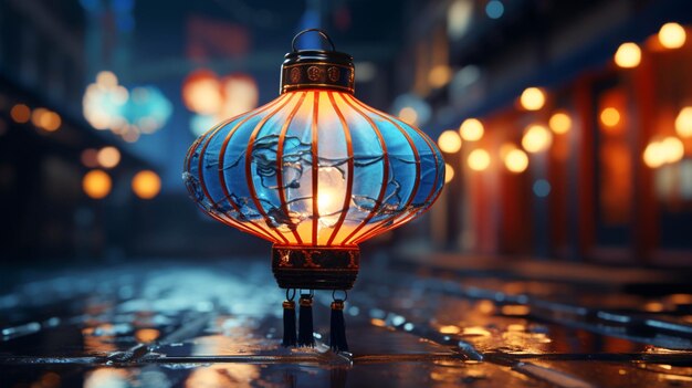 Neon blue chinese lantern with blur background 3d lantern rendering