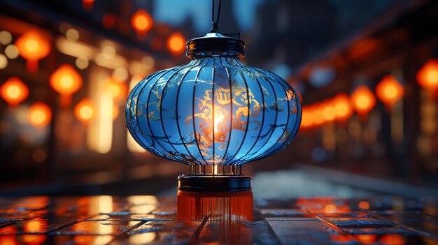 Neon blue chinese lantern with blur background 3d lantern rendering