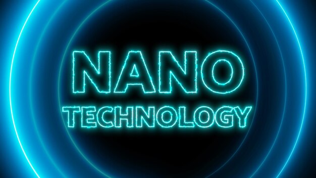 Neon blue circles with word nano technology glowing on a black background