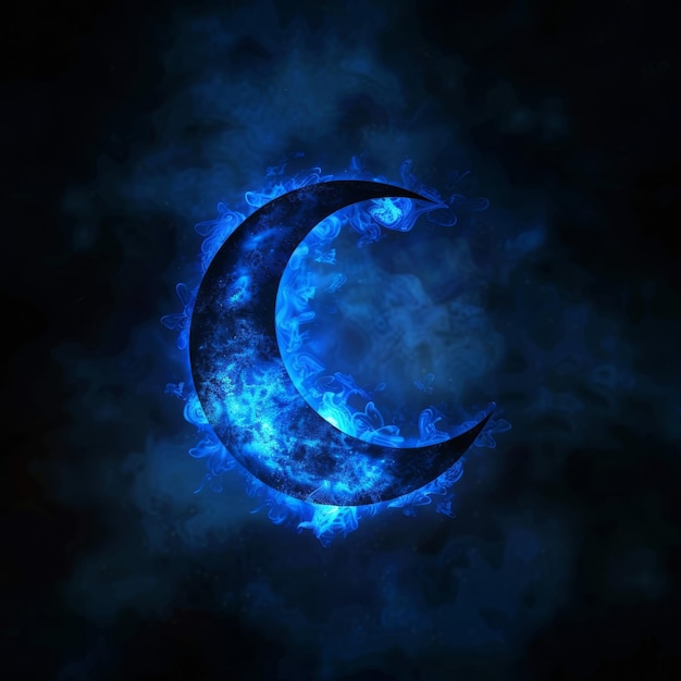 The neon blue crescent moon shines in the dark sky