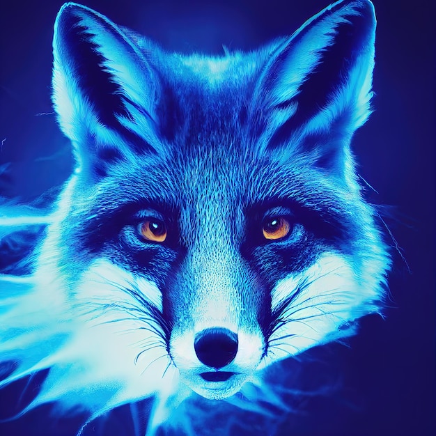 Photo neon blue fox face isolated over dark background