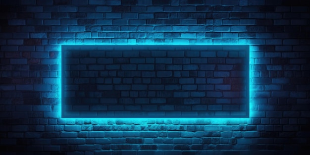 Neon blue frame on brick wall