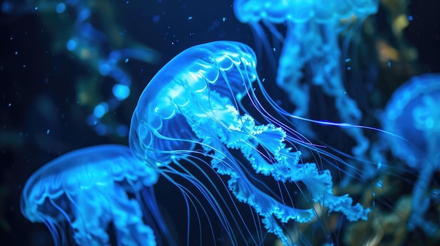 Neon blue jellyfish drift gracefully through the water their glowing tendrils leaving streaks of