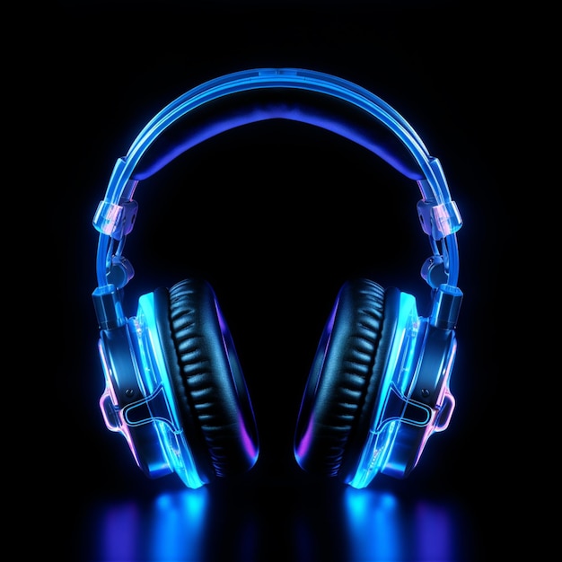 Neon blue light wireless headphones pictures black background AI Generated art