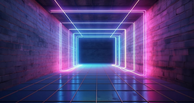 Neon and blue neon beams in the dark room Illustration AI GenerativexA