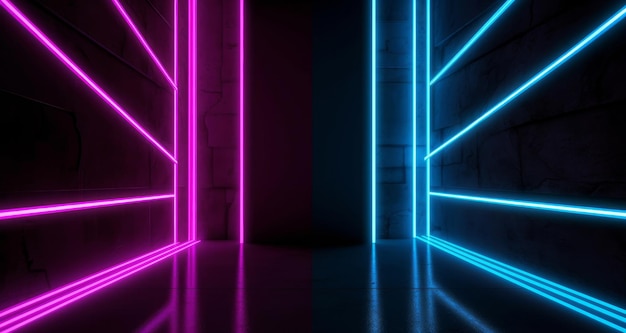 Neon and blue neon beams in the dark room Illustration AI GenerativexA