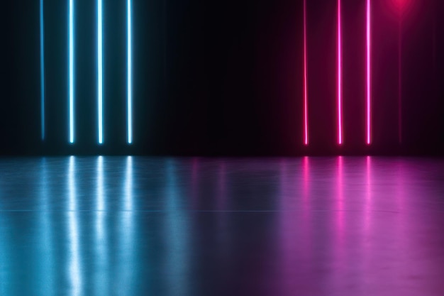 Neon blue and pink lights in the back of the stage stage for product display