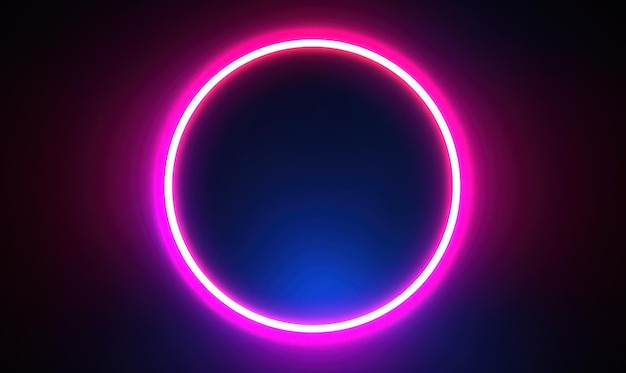 Neon blue pink round frame ring circle shape glowing light with dark background 8039s retro style copy space