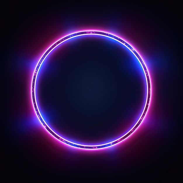Neon blue pink round frame ring circle shape glowing light with dark background 8039s retro style copy space