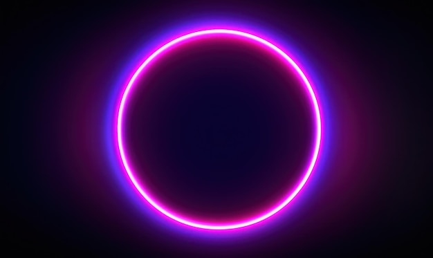 Neon blue pink round frame ring circle shape glowing light with dark background 8039s retro style copy space