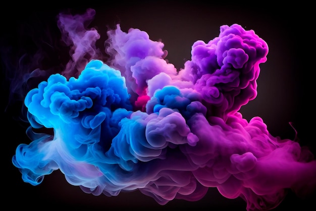 Neon blue and purple multicolored smoke puff cloud design elements on a dark background Generative ai