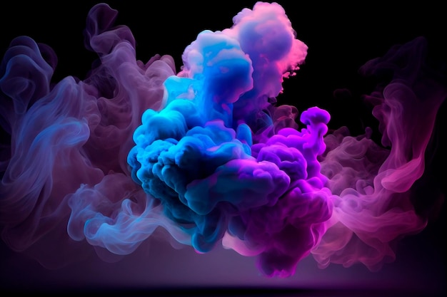 Neon blue and purple multicolored smoke puff cloud design elements on a dark background Generative ai