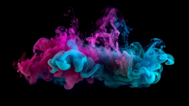 Neon blue and purple multicolored smoke puff cloud design elements on a dark background Generative AI