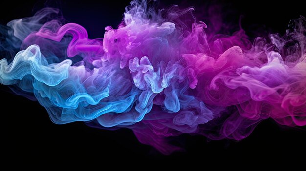Neon blue and purple multicolored smoke puff cloud design elements on a dark background