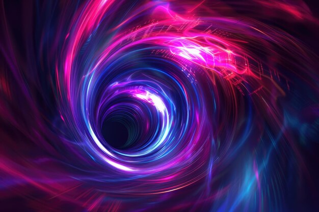 Neon blue and purple red light swirling in the middle of abstract shapes black hole