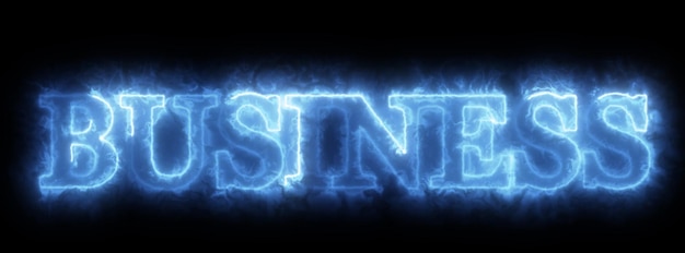 Neon blue sign spelling BUSINESS on a black background