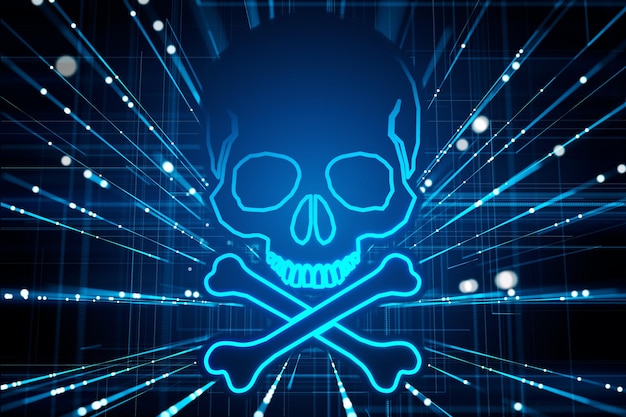 Neon blue skull and crossbones hologram on a dark abstract digital background Cybersecurity concept 3D Rendering