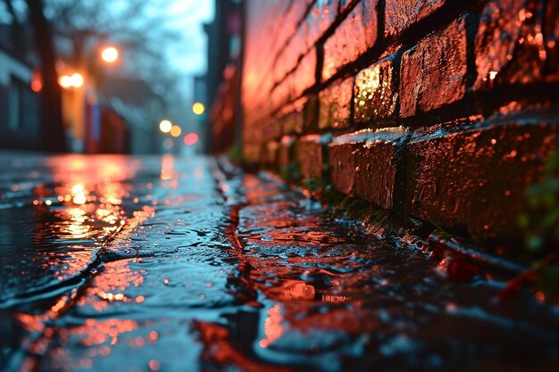 Neon brick wall and sidewalk wet