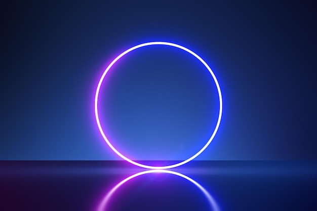 Neon bright colors illuminated round frame with place for your logo or text on blank dark blue wall background 3D rendering mockup