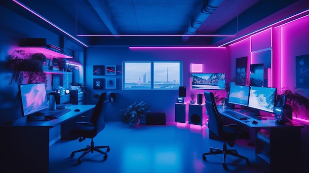 Neon bright furnished gamer room work office