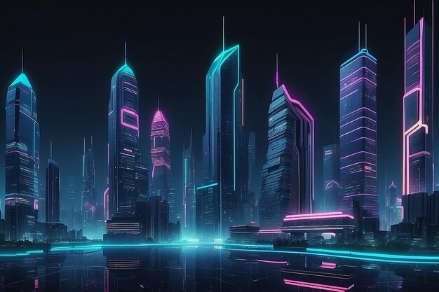 빛나는 초고층 빌딩과 함께 밤에 미래의 도시에서 네온 건물 생성 인공지능